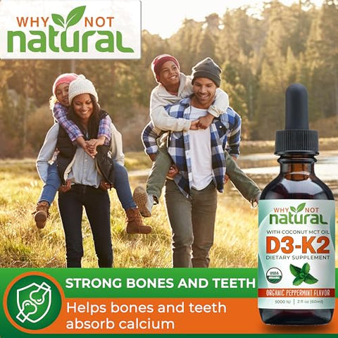 Why Not Natural - Vitamina D3 K2 (MK-7) Líquida, 5000 UI de D3 sublingual com Óleo de Coco MCT, para ossos e dentes fortes, suporte ao coração e imunidade