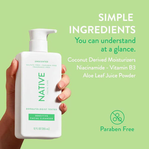 Limpador Facial Sensível Native, Spa Day Todos os Dias (Pacote com 2) | Limpeza Diária do Rosto com Aloe e Vitamina B3, Sem Perfume, 12 fl oz (355 ml)