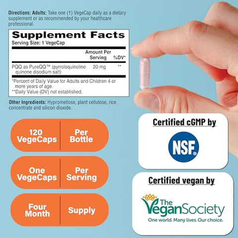 PQQ 20mg 120 Porções Pyrroloquinoline Quinone as PureQQ | Promove Biogênese Mitocondrial | Certificado Vegano | Cápsulas Livres de OGM, Glúten e Soja | Limpo - Health Thru Nutrition