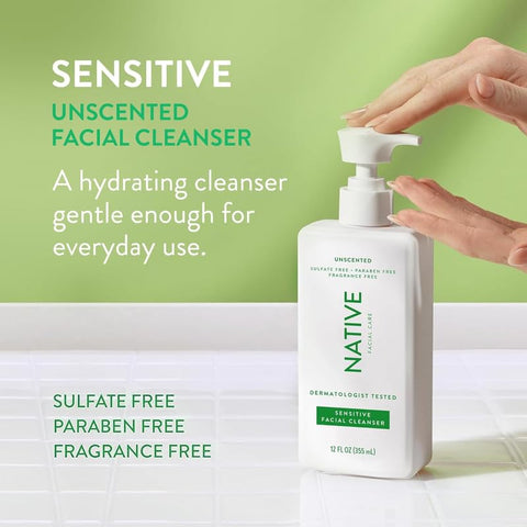 Limpador Facial Sensível Native, Spa Day Todos os Dias (Pacote com 2) | Limpeza Diária do Rosto com Aloe e Vitamina B3, Sem Perfume, 12 fl oz (355 ml)