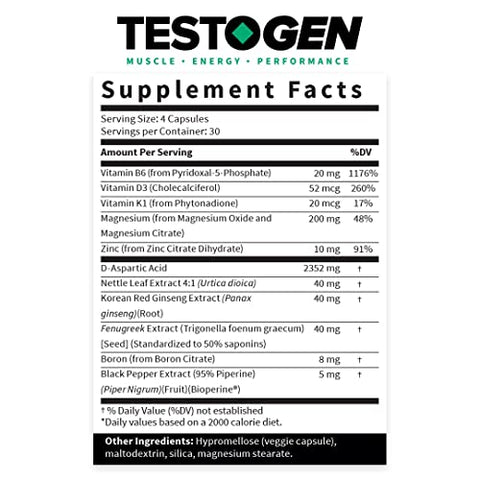 Suplemento Natural para Níveis de Testosterona em Homens – Fórmula Herbal de Aumento Masculino com Magnésio, Zinco, Feno-Grego, Ginseng Vermelho e Mais para Resistência – 1 Mês de Fornecimento - TestoGen