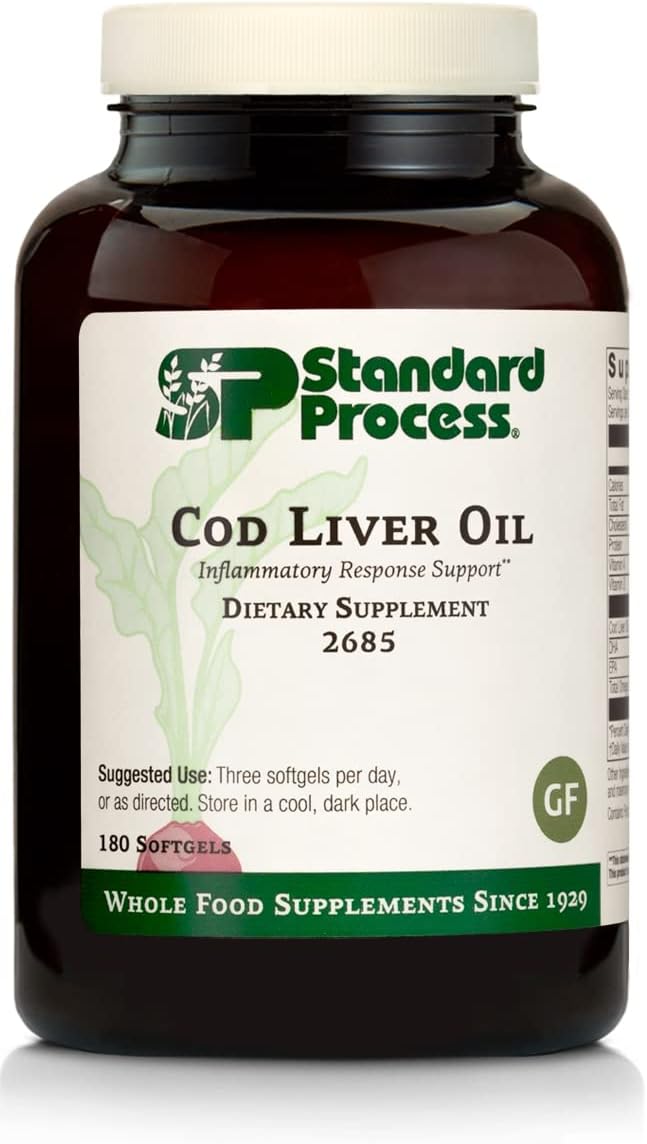 Standard Process Inc. - Óleo de Fígado de Bacalhau Standard Process – EPA e DHA – Suporte Ocular de Alimentos Integrais, Saúde da Pele, Suplemento Antioxidante para Saúde Óssea, Saúde Cardíaca, Saúde Ocular, Fortalecimento Ósseo – 180 Softgels