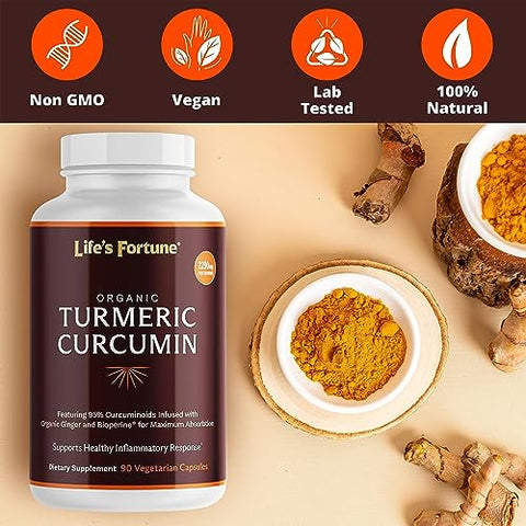 Life's Fortune - Life’s Fortune Cúrcuma Orgânica com Pimenta Preta e Gengibre, Absorção Aprimorada, Suplemento Extra Forte, Articulações