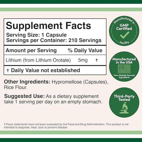 Double Wood Supplements - Lítio Orotate 5mg, 210 Cápsulas (Testado por Terceiros, Vegano, Não-OGM) para uma Mente Mais Calma, Humor Mais Equilibrado e Melhor Descanso à Noite –