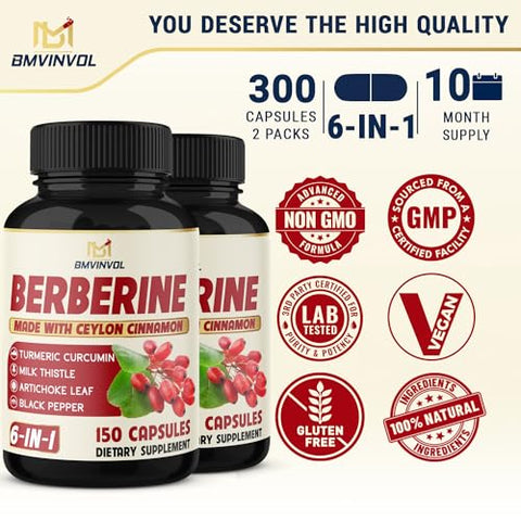 BMVINVOL - 2 Pack Berberine HCl + Canela Ceylon, Cúrcuma, Cardo Mariano, Alcachofra, Pimenta Preta – Suplementos de Raiz de Berberina – Sistema Imunológico