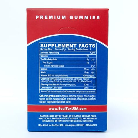 Lucky Soul - Soultox Energy Gummies de Cogumelo de Morango – Fórmula Vegana com Ginseng, Cordyceps, Cafeína, Vitamina B12 – Aumenta a Energia e a Função Cognitiva – Ingredientes Naturais – 10 Pacotes