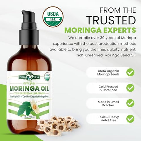 PURA VIDA MORINGA - Óleo de Moringa Orgânico 100% Puro para Rosto, Cabelo, Unhas e Pele Seca – Certificado USDA Extraído de Sementes de Moringa Oleifera de Origem Única – Testado por Terceiros, Extraído a Frio – 30ml
