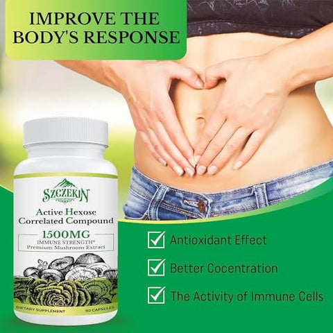SZCZEKIN - Active Hexose Correlated Compound 1500 mg – Extrato Natural de 8 Cogumelos, Sistema Imunológico, Função Hepática, Atividade de Células Natural Killer e T, 540 Cápsulas Vegetais