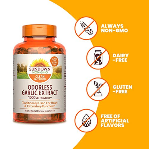 Suplemento de Alho Inodoro, 10 mg, Equivalente a 1000mg de Bulbo de Alho, 250 Softgels (Embalagem Pode Variar) - Sundown