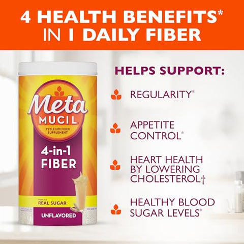 Pó de Casca de Psyllium com Açúcar Real, 4-em-1 para Saúde Digestiva, Bebida Sabor Laranja Suave, 114 Porções - Metamucil