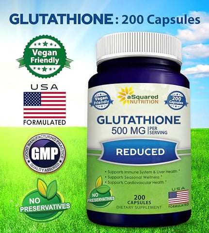 Glutationa Reduzida 500mg por Porção – 200 Cápsulas – Antioxidante L-Glutathione para Apoiar a Saúde do Fígado - aSquared Nutrition