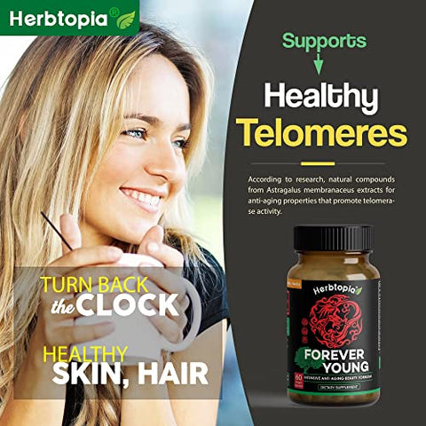 Herbtopia - Forever Young: Suplemento Longevidade para Imunidade, Cabelos Sem Grisalhos e Alongamento de Telômeros