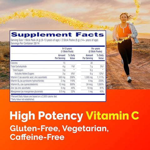 Crystals: Suplemento de Suporte Imunológico On-The-Go com 500 mg de Vitamina C, Vitaminas B, Zinco e Manganês, Sabor Morango, 28 Stickpacks Pacote de 2 - Emergen-C