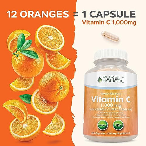 Vitamina C 1000mg Purely Holistic, 365 Cápsulas, 12 Meses de Suprimento, Liberação Gradual em 2 Etapas com Ácido Ascórbico e Rosa Mosqueta