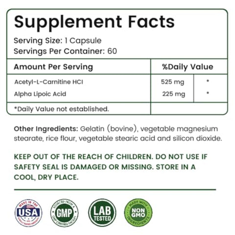 Fórmula de Alta Potência ALA/ALC – Melhor Ácido Alfa Lipoico e Acetil-L-Carnitina HCl – Suplemento Dietético – Suporte Antioxidante – Aumento de Energia – para Homens e Mulheres 60 Cápsulas - Amate Life