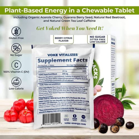 ENERGY TABLETS – Comprimidos Mastigáveis Superfood de Foco Rápido, Portáteis de Bolso, Embalagem Reselável, Vitamina C, Suporta Concentração, Memória, Pensamento Claro e Bom Humor - Voke