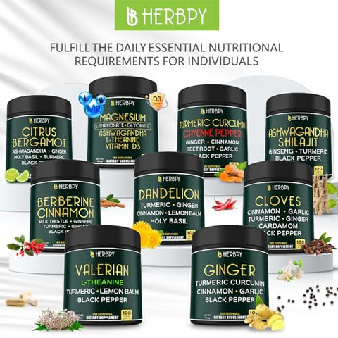 Herbpy - Cápsulas de Raiz de Valeriana 5 em 1 5150mg com L-Teanina, Melissa, Cúrcuma e Extrato de Pimenta Preta para Relaxamento, Noite de Descanso e Digestão