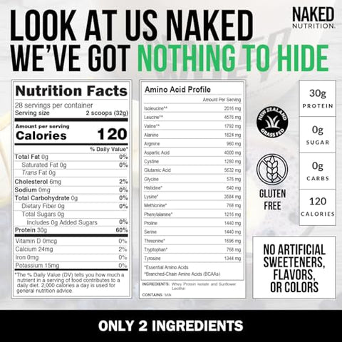 Naked Nutrition - Proteína Isolada Naked Whey – 2 Ingredientes, 30g Proteína de Pasto, Sem Sabor, Não Desnaturada, Sem GMO, Sem Soja, Sem Glúten, Sem Conservantes – 28 Porções