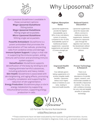 Vida Lifescience - Aurora Nutrascience Mega-Pack Liposomal Glutationa 750 mg, Suporte ao Sistema Imunológico, Antioxidante, 32 Pacotes, Sem OGM, Sem Açúcar, 640 mL