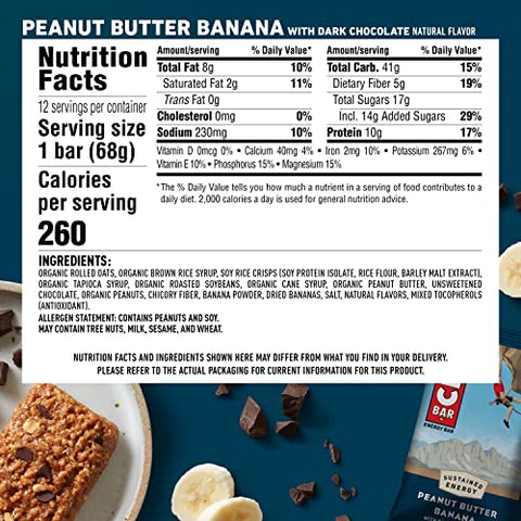 Clif Bar - Barras Energéticas CLIF – Manteiga de Amendoim Banana com Chocolate Amargo – Feitas com Aveia Orgânica – Alimento à Base de Plantas – Vegetariano – Kosher (Barras de Proteína de 2,4 Ounces, 12 Unidades) Embalagem