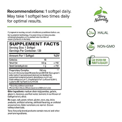 CuraMed 750 mg Complexo de Curcumina – 120 Softgels – Absorção Superior BCM-95 – Não-OGM, Sem Glúten, Halal – 120 Porções - Terry Naturally