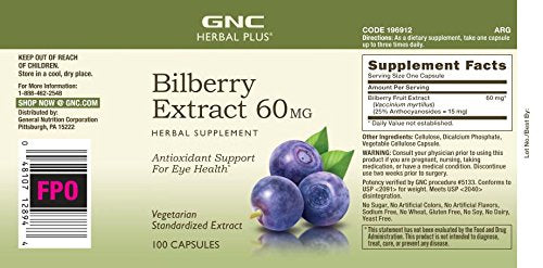 Herbal Plus Extrato de Mirtilo 60mg | Suporte para a Saúde dos Olhos e Visão | 100 Comprimidos - GNC