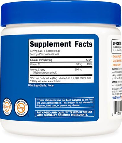 Pó de Vitamina C Natural (Cereja Acerola) 227g – Sem Glúten, Não-OGM - Nutricost