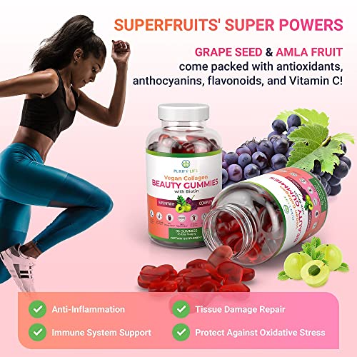 Gomas Veganas de Colágeno com Biotina para Saúde de Cabelos, Pele e Unhas (90 Unidades) Complexo Superfrutas de Suporte ao Colágeno com Resveratrol, Vitaminas A, E, C - Purify Life