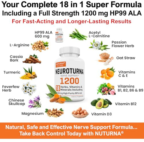 Nuturna - Neuropathy Support Supplement 1200 mg HP-99 Ácido Alfa Lipóico – Fórmula Nervosa ALA de Força Máxima para Pés Mãos Dedos Pernas – Ultra Potente 18 em 1 Natural Nervo Periférico