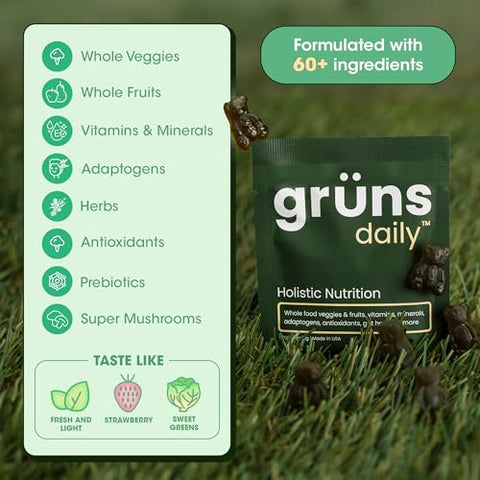 Grüns - Grun’s Daily Gummies – Gomas Super Verdes Orgânicas de Spirulina e Chlorella, Prebióticos para Digestão – 60 gomas