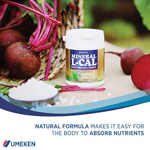 Mineral L-Cal – Frasco Pequeno, 2 Meses de Suprimento, Enriquecido com Magnésio, Vitamina D3 e Minerais, 130g, 1300 Bolinhas (Pacote de 1) - Umeken