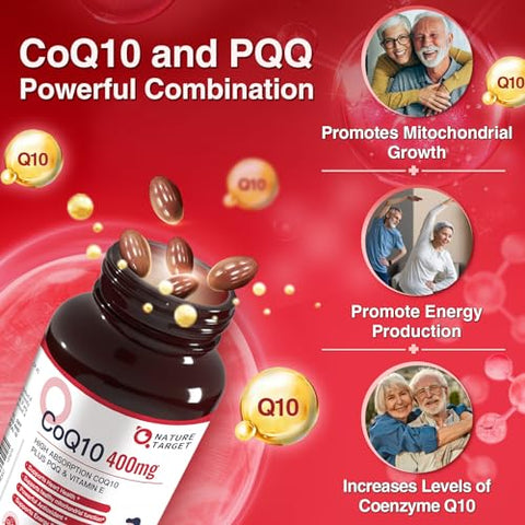 CoQ10-400mg Plus PQQ com Vitamina E – Potencialize sua saúde com antioxidantes poderosos - NATURE TARGET