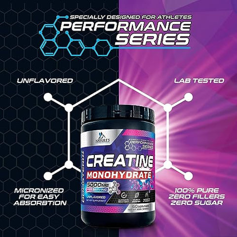 Nature's Nutrition - Pó de Creatina Monohidratada Micronizada – Pó de Creatina sem Sabor 5000mg por Porção (5g) Suplemento de Aminoácidos para Apoio à Construção Muscular