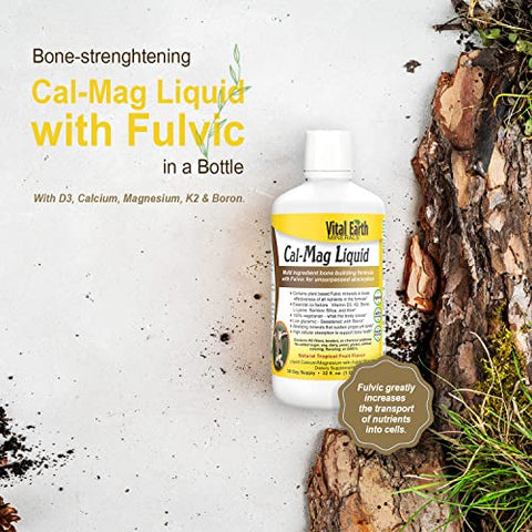 Cal-Mag Líquido – Suplemento de Cálcio e Magnésio com Vitamina D3, K2, Boro e Ácido Fúlvico para Absorção Rápida, 32 Oz (946 ml) por Copo de 1 Oz (30 g) - Vital Earth Minerals