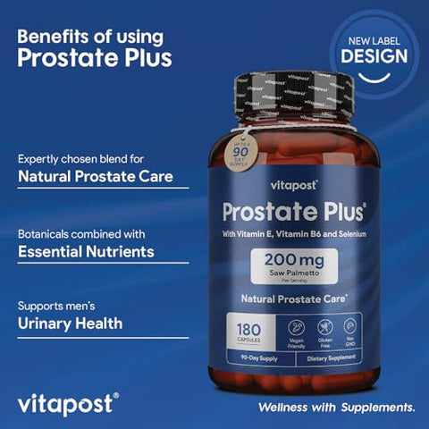 VitaPost - Prostate Plus – Cuidado Natural da Próstata e Saúde Urinária para Homens com Saw Palmetto, Vitamina B6, Vitamina E, Selênio e Zinco. 180 Cápsulas