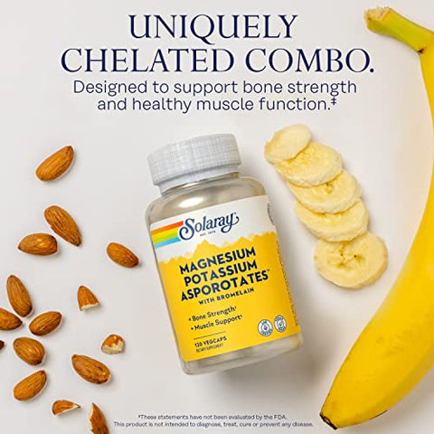 SOLARAY - Solaray Magnésio e Potássio Asporotatos com Bromelina, Suplemento de Magnésio e Potássio para Fortalecimento Ósseo e Suporte Muscular, Vegan Suplementos de Magnésio e Potássio, 60 cápsulas