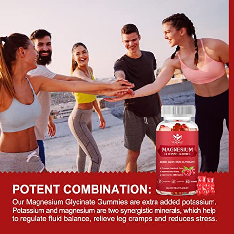 WOGORGT - Gummies de Magnésio Glicinato – 400mg Gummies de Magnésio Glicinato com Vitamina D, B6 e CoQ10, Suplemento de Magnésio para Relaxamento e Cognição, Sem Açúcar – 60 Gummies de Framboesa