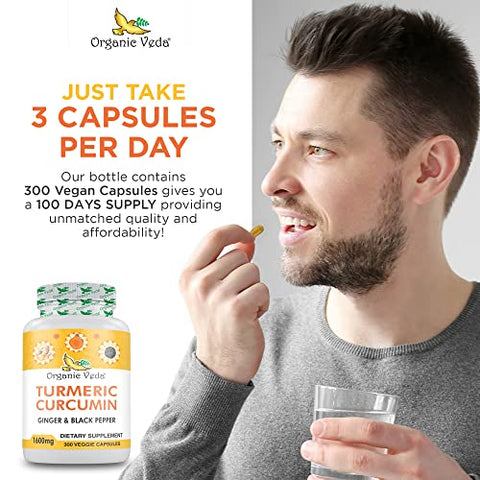 Cápsulas de Cúrcuma e Gengibre Organic Veda 300 Pills – Cúrcuma Orgânica com Pimenta Preta para Suporte Articular – Não Transgênico, Sem Glúten, Suplemento de Cúrcuma e Gengibre (95%%…)