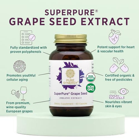 PURE SYNERGY - Pure Synergy SuperPure Extrato de Semente de Uva | Cápsulas Orgânicas de Extrato de Semente de Uva | Suplemento de Polifenóis de Semente de Uva com Uva Inteira | para Saúde do Coração, Pele e Envelhecimento Saudável