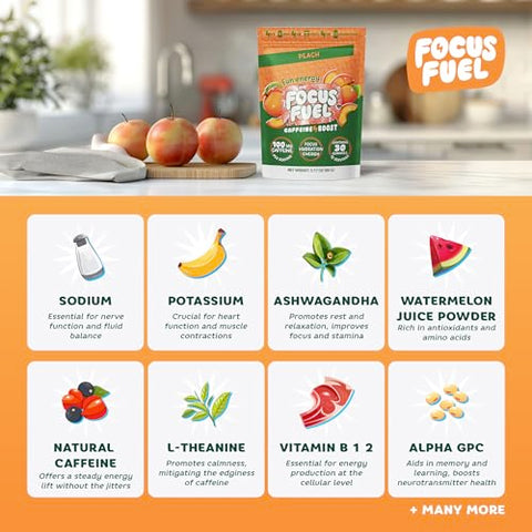 FocusFuel - Gomas Energéticas Focus – 100mg de Cafeína por 2 Gomas, Com B12, Magnésio, Eletrólitos, Ingredientes Naturais (Pêssego – 30 Gomas, 90g)