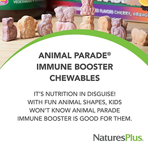 Animal Parade Immune Booster – Sabor Tropical de Frutas Vermelhas – 90 Comprimidos Mastigáveis em Formato de Animais – Suporte ao Sistema Imunológico – Sem Glúten, Vegano – 45 Porções - Natures Plus