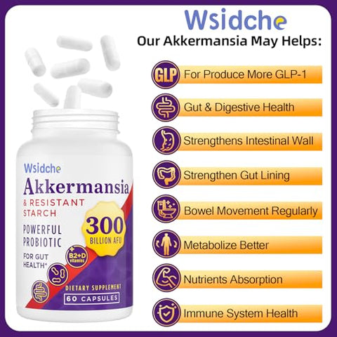 Wsidche - 300 Bilhões de Probióticos Akkermansia AFU | Probiótico GLP-1 para Mulheres | 100% Natural e Eficaz