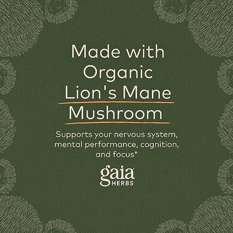 Suplemento de Suporte Cerebral e Nervoso com Cogumelo do Leão Orgânico – 120 ml Vegan Líquido - Gaia Herbs
