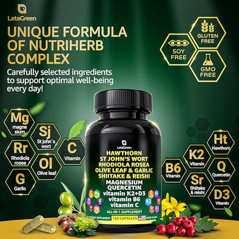 LetaGreen - Cápsulas de Espinheiro-Alvar Orgânico – Extrato de Espinheiro-Alvar 2000mg com Hipérico 2500mg Rhodiola Rosea 4000mg Folha de Oliveira 1000mg Shiitake 1000mg Cogumelo Reishi 1000mg Quercetina
