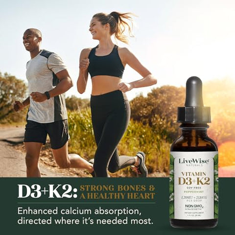 Live Wise Naturals - Vitamina D3 com K2 Líquida, Natural, Não GMO, 1208UI D3 e 25mcg K2 (MK7) por Porção, Fortaleça seus Ossos, Sistema Imunológico e Níveis de Energia, com ou sem Hortelã-Pimenta