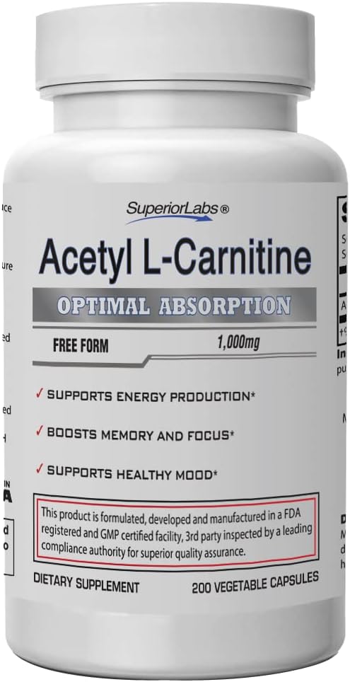 Acetyl L-Carnitina 1000mg | 200 cápsulas | Absorção Máxima | Cápsulas Vegetais Puras | Zero Aditivos Sintéticos | Absorção Superior - Superior Labs