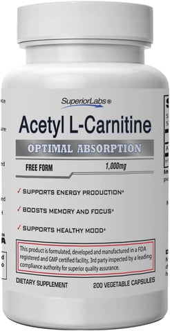 Acetyl L-Carnitina 1000mg | 200 cápsulas | Absorção Máxima | Cápsulas Vegetais Puras | Zero Aditivos Sintéticos | Absorção Superior - Superior Labs