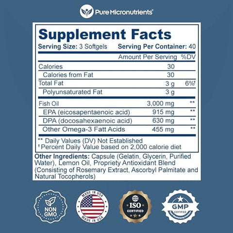 Ômega 3 Fish Oil, Ácidos Graxos EPA/DHA, 3000mg, Triplo Forte, Cápsulas de Óleo de Peixe sem Sabor de Peixe com Limão – Coração, Olhos, Cérebro - Pure Micronutrients