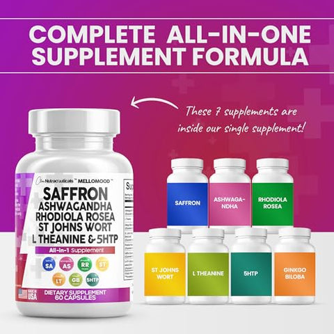 Clean Nutraceuticals - Clean Saffron Supplements com Ashwagandha 8000mg – Suporte ao Humor com L-Theanine 200mg, Ginkgo Biloba 6000mg, Hipérico 6000mg, Rhodiola Rosea 3000mg