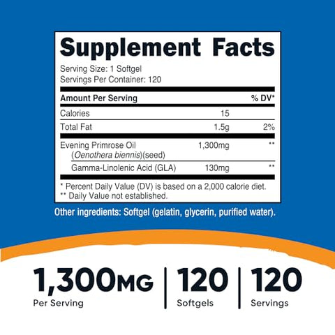 Óleo de Prímula Nutricost 1.300mg, 120 Softgels – Prensado a Frio, Não-OGM, Sem Glúten, 120 Porções